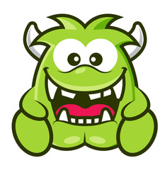 Cartoon cute green monster with horn laughing. Halloween vector illustration © charactoon