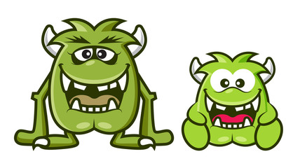 Fototapeta premium 2 cartoon cute green monsters with horn laughing together. Halloween vector illustration