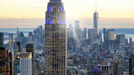 Skyline of Manhattan at duk, New York City aerial view