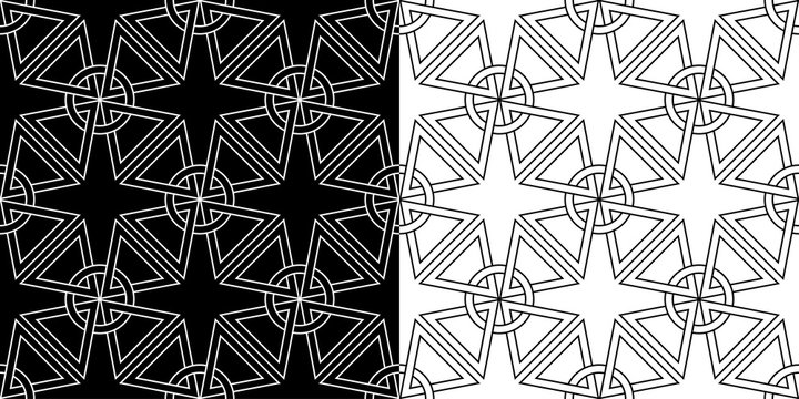 Geometric seamless patterns compilation. Black and white backgrounds