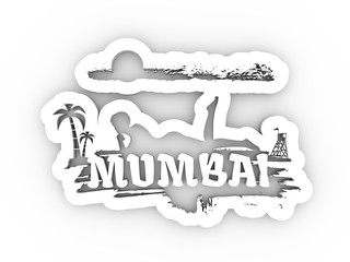 Young woman sunbathing on a beach. Silhouette of the relaxing girl on a grunge brush stroke. Palm and lifeguard tower on backdrop. Mumbai text. 3D rendering.