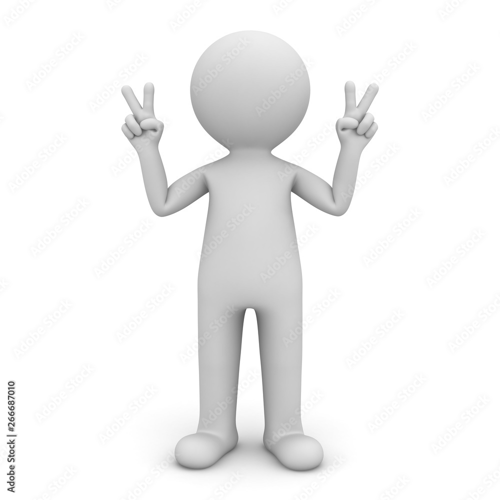 Aufkleber 3d man standing and showing victory hands sign gesture isolated over white background with shadow 3d