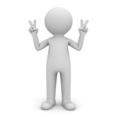 3d man standing and showing victory hands sign gesture isolated over white background with shadow 3D rendering