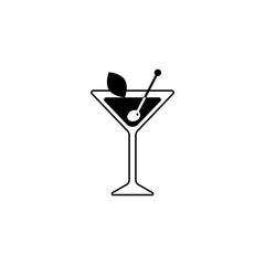 Black Silhouette of a Martini with olive and stick and leaf of mint
