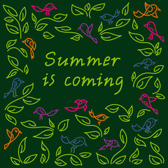 Fototapeta na wymiar Summer is coming. Birds and twigs with leaves, contour. Hand drawn illustration. Doodle background .Vector illustration.