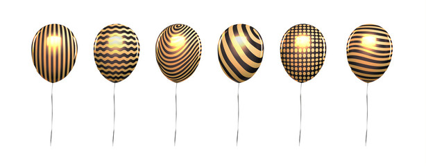 Metallic gold balloon isolate on white. Flying balloons isolated with trendy retro patterns for birthday party or holiday poster.
