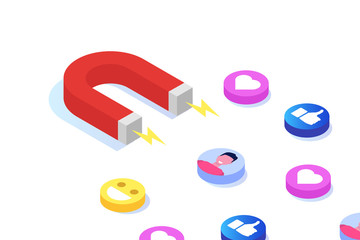 Inbound, Online or permission marketing, sales generation. Flat isometric vector illustration.