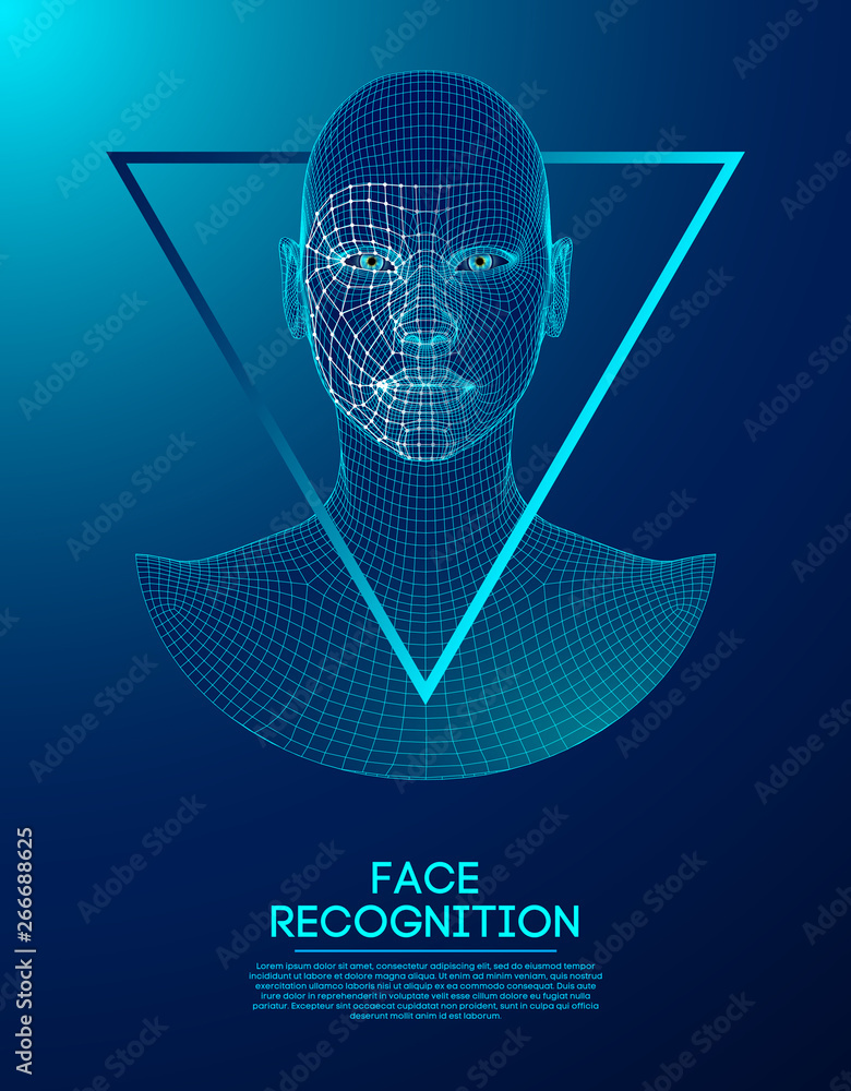 Poster robot blue eyes android with detailed iris and pupil. facial recognition concept with sensor and fac