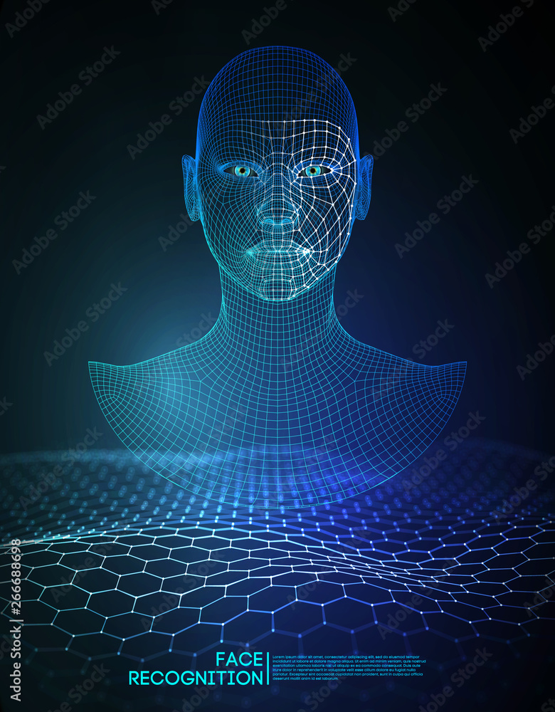 Poster robot blue eyes android with detailed iris and pupil. facial recognition concept with sensor and fac