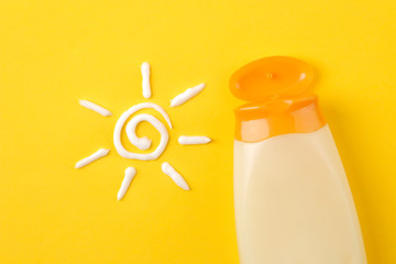 sunscreen remedy. various sunscreens and sun cream on a bright yellow background. Sun protection....