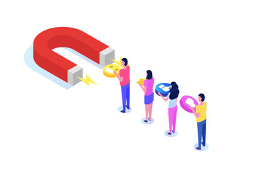 Inbound, Online or permission marketing, sales generation. Flat isometric vector illustration.