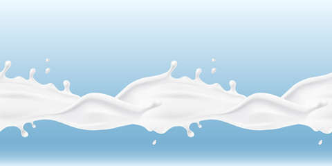 Milk splash seamless pattern. 3d realistic yogurt wave border. Vector milky package design.