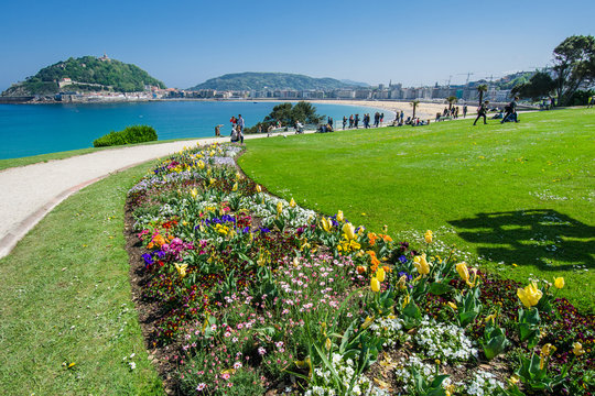 A view to Urgul mountain and La Concha bay in San Sebastian