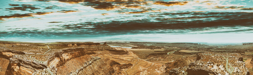 Aerial panorama of Dead Horse in Canyonlands, Utah. Amazing view on a hot summer day