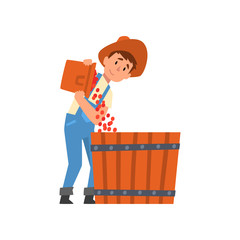 Male Farmer Pouring Coffee Beans into Large Basket, Coffee Harvesting, Industry Production Stage Vector Illustration