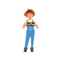 Male Farmer Holding Board with Coffee Inscription, Coffee Industry Production Stage Vector Illustration