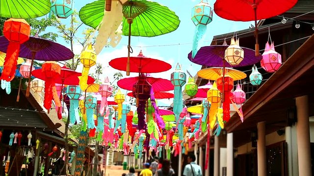 rainbow lamps and umbrellas in northern Thailand Hanging decoration outdoor