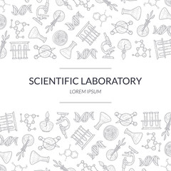 Scientific Research Banner Template with Laboratory Equipment Pattern, Medicine, Science, Technology Vector Illustration