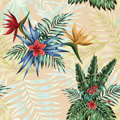 Tropical composition flowers leaves seamless pattern background - 266691692