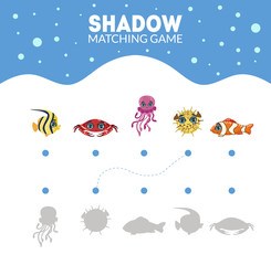 Fototapeta na wymiar Matching Game with Cute Sea Creatures, Find the Correct Shadow Educational Game for Kids Vector Illustration