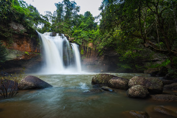 Landscape of peaceful waterfall in the tropical rainforest