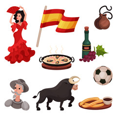 Spanish traditional symbols and objects. Vector illustration on white background.