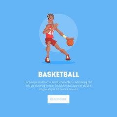 Male Basketball Player in Sports Uniform Playing with Ball Banner Template, Design Element Can Be Used for Landing Page, Mobile App, Website Vector Illustration