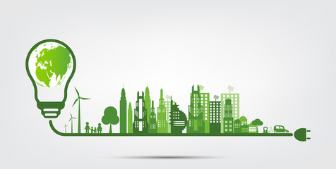 Illustration of a sustainable city powered by green energy, featuring eco-friendly buildings, wind turbines, and a lightbulb Earth.