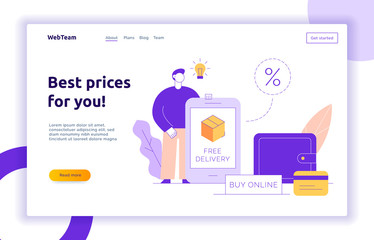 Vector sale online shopping modern banner with big man, delivery box, app screen and wallet