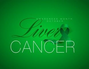 Liver Cancer Awareness Calligraphy Poster Design. Realistic Emerald Green Ribbon. October is Cancer Awareness Month. Vector