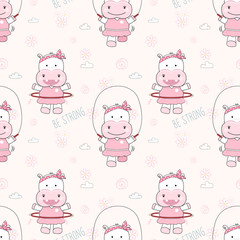 Cute hippo exerciseing seamless pattern cartoon background