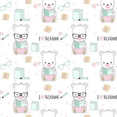 Cute bear and reading book seamless pattern illustration background