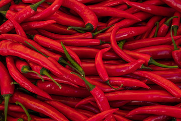 A close up of a pile of fresh red chillis with their green storks, for sale at a english farmers market