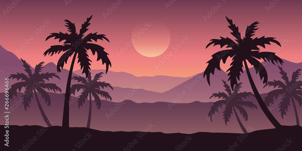 Wall mural beautiful palm tree silhouette landscape in purple colors vector illustration eps10