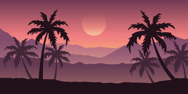 beautiful palm tree silhouette landscape in purple colors vector illustration EPS10