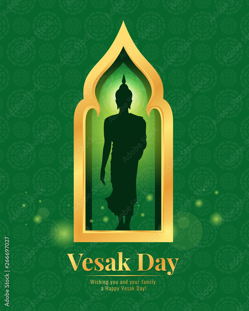Poster vesak day banner with buddha sign stand up in gold window art frame on green lotus texture backgroun