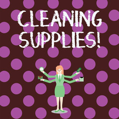 Word writing text Cleaning Supplies. Business photo showcasing substances usually liquids used to remove dirt and dust Businesswoman with Four Arms Extending Sideways Holding Workers Needed Item