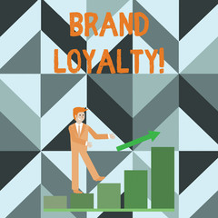 Writing note showing Brand Loyalty. Business concept for Dedication to purchase the same product or service repeatedly Smiling Businessman Climbing Bar Chart Following an Arrow Up