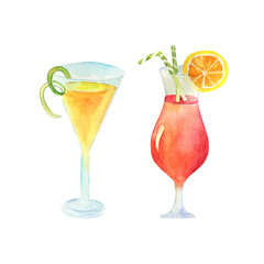 Watercolor illustration of glass cocktail glasses. Can be used as backgrounds, signs and advertisements for bars, shops, cafes, restaurants