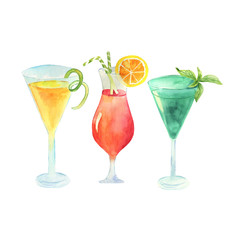 Watercolor illustration of glass cocktail glasses. Can be used as backgrounds, signs and advertisements for bars, shops, cafes, restaurants