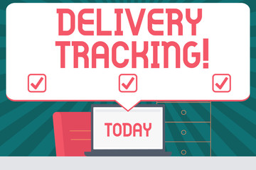 Handwriting text writing Delivery Tracking. Conceptual photo the process of localizing shipping containers and mails Blank Huge Speech Bubble Pointing to White Laptop Screen in Workspace Idea