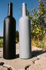 two black and gray bottles on the road from the tiles, the village, rural alcoholism, drunkenness....