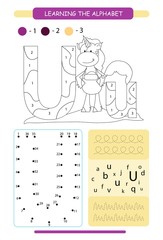 Letter U and funny cartoon unicorn. Animals alphabet a-z. Coloring page. Printable worksheet. Handwriting practice. Connect the dots.