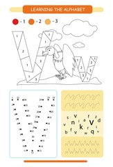 Letter V and funny cartoon vulture. Animals alphabet a-z. Coloring page. Printable worksheet. Handwriting practice. Connect the dots.