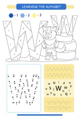 Letter W and funny cartoon wolf. Animals alphabet a-z. Coloring page. Printable worksheet. Handwriting practice. Connect the dots.
