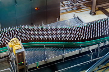 Beer bottles moving on conveyor belt, close up