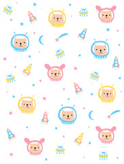Cute Colorful Space Vector Illustration with Lovely Bunny, Cat and Bear Astronauts. Pink and Blue Stars, Funny Rocket. Infantile Style Space Party Decoration for Invitation, Card, Wall Art, Pattern.