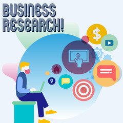 Word writing text Business Research. Business photo showcasing process of acquiring detailed information of the business Man Sitting Down with Laptop on his Lap and SEO Driver Icons on Blank Space