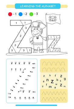 Letter Z And Funny Cartoon Zebra. Animals Alphabet A-z. Coloring Page. Printable Worksheet. Handwriting Practice. Connect The Dots.