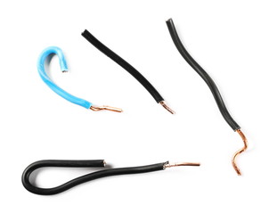 Colorful insulated wires isolated on white background, top view
